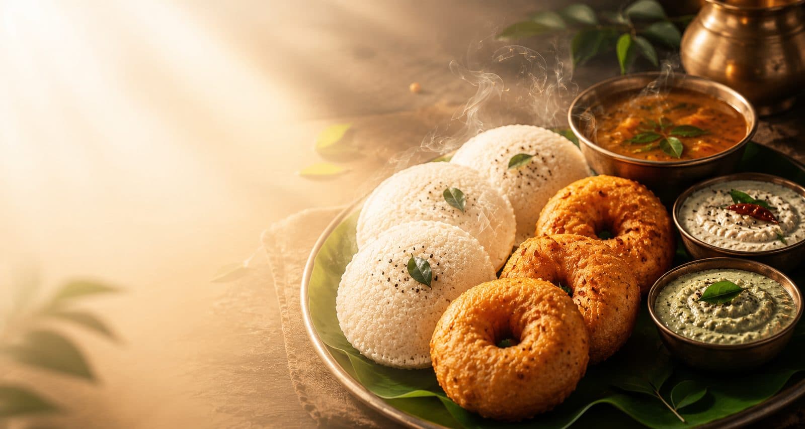 A steel thali of steaming idli, medu vada, sambar and chutneys on a banana leaf